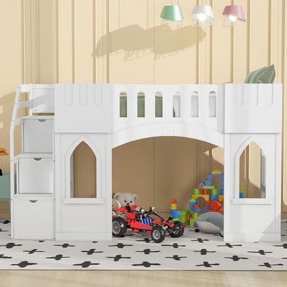 Low Loft Bed with Stairs, Twin Size Loft Bed with Storage Staircase and Window, Wood Loft Bed Frame for Kids Teens - White