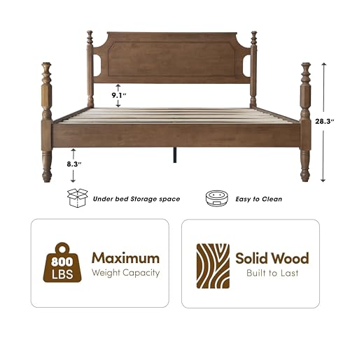 Solid Wood Queen Size Bed Frame with Headboard & Footboard, 12 Strong Slats, view 3
