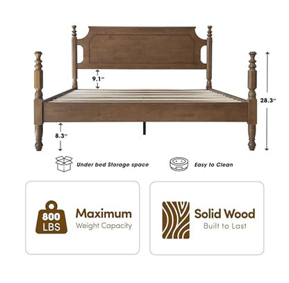 Solid Wood Queen Size Bed Frame with Headboard & Footboard, 12 Strong Slats, view 3