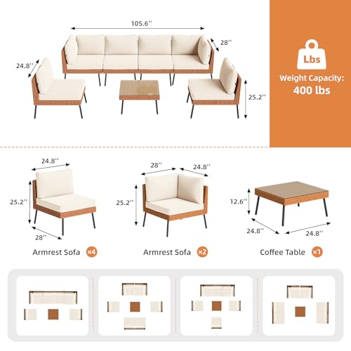 7-Piece Patio Furniture Set, Wicker Outdoor Furniture with Water Resistant Thick Cushions, Patio Conversation Set Outdoor Sectional Sofa with Coffee Table for Backyard Poolside, Beige