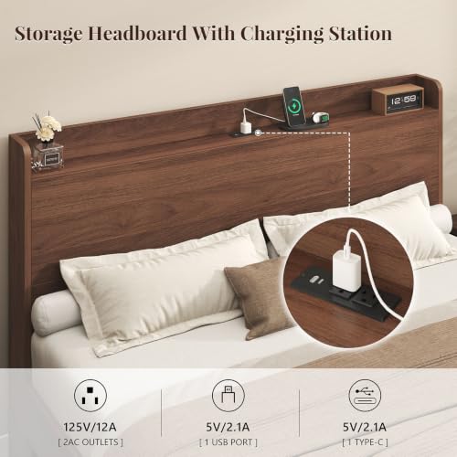 King Size Bed Frame with Storage Headboard & Charging Station, Walnut, view 6