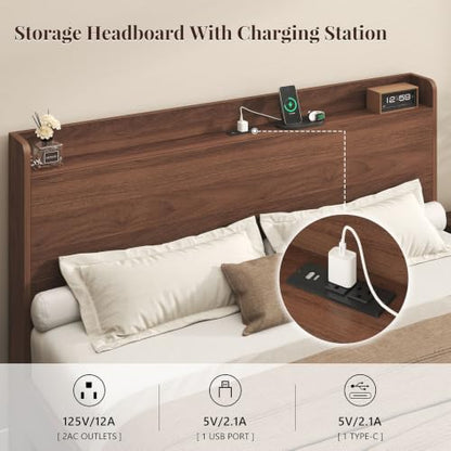 King Size Bed Frame with Storage Headboard & Charging Station, Walnut, view 6