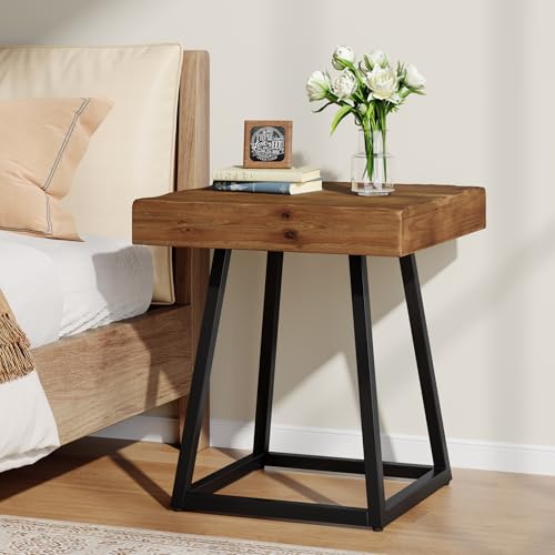 2PCS Solid Wood Nightstand with Metal Frame, Industrial Square Bedside Table for Bedroom, Small Spaces (2)
