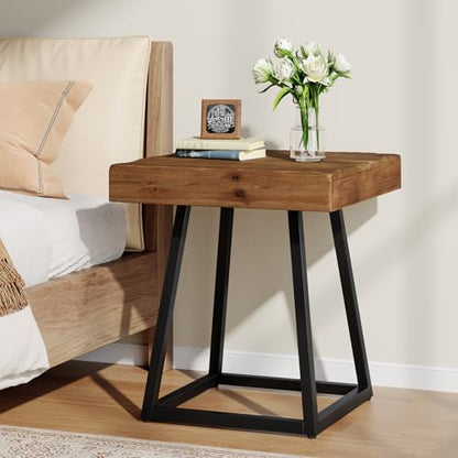 2PCS Solid Wood Nightstand with Metal Frame, Industrial Square Bedside Table for Bedroom, Small Spaces (2)