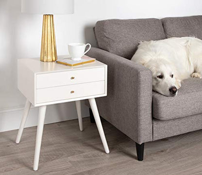 Finco Midcentury Modern Style Side Table with 2 Drawers, White Finish with Brass Hardware