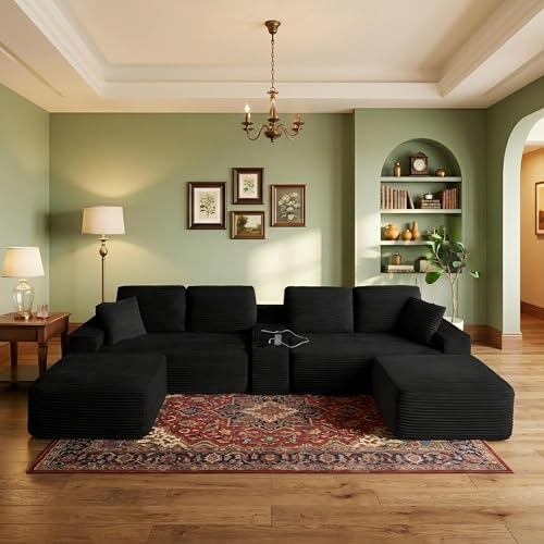 141" Oversized U Shaped Cloud Sectional Couches with Storage Console for Living Room, Corduroy Compressed Boneless Couch, Symmetrical Sofa & Couch with Movable Ottomans, Cup Holder