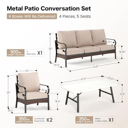 4 Piece Metal Outdoor Patio Furniture Set, Patio Conversation Sets 1 3-Seater Sofa, 2 Chairs with 5.75" Extra Thick Cushion and Coffee Table, Black Frame Backyard Furniture, Beige