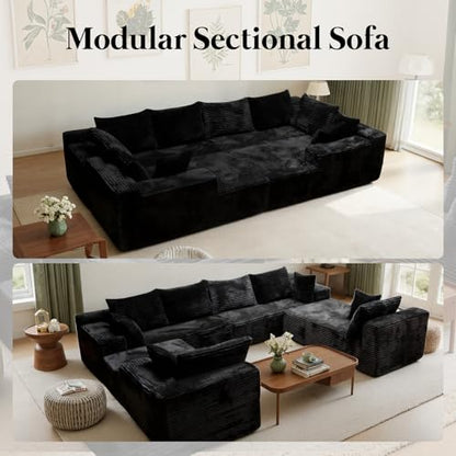 139'' U Shaped Sectional Couches for Living Room, 8 Seater Faux Fur Modular Boneless Cloud Sofa with Chaise Lounges, 4-in-1 Flexible Combination Deep Seat Corner Large Couch,No Assembly Black