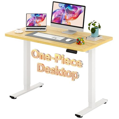 Electric Standing Desk 48 x 24 Inches Whole-Piece Desktop Height Adjustable Stand Up Desk w/6-Button Controller Ergonomic Computer Desk for Home Office, White Frame + Natural Tabletop