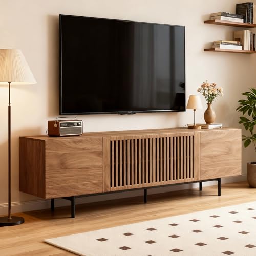71" Mid-Century TV Stand 4 Cabinets Walnut Media Console, view 2