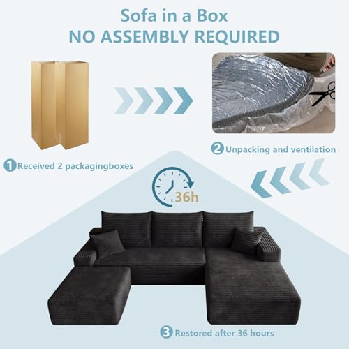 95" Cloud Sectional Couch with Ottoman,Modern U-Shaped Cloud Couch with Deep Seat,Comfy Corduroy 3-Seater Sofa,Memory Foam Sofa for Living Room,No Assembly (Black,Right-Facing Chaise)