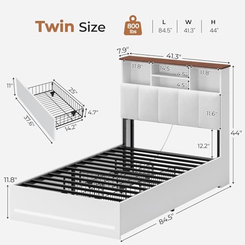 Twin Size Bed Frame with Storage Headboard & 4 Drawers, LED Lights, White, view 3