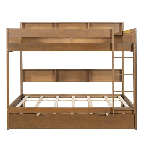 JIVOIT Full Over Full Bunk Bed with Pull-Out Trundle, Space-Saving Wood Bunk Bed Frame with Built-in Storage Shelves, Ladder, Modern Design, No Box Spring Required (Antique Wood/Full,9)