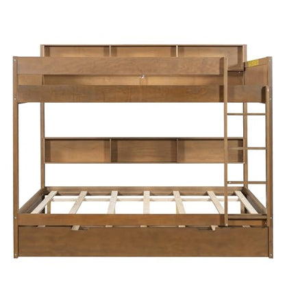 JIVOIT Full Over Full Bunk Bed with Pull-Out Trundle, Space-Saving Wood Bunk Bed Frame with Built-in Storage Shelves, Ladder, Modern Design, No Box Spring Required (Antique Wood/Full,9)