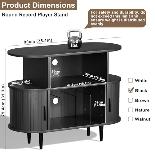 Large Record Player Stand with Storage and Shelves (Black), view 3