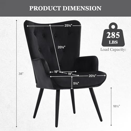 Accent Chairs Set of 2, Black Velvet Reading Armchairs with High Backrest, Wingback Corner Chairs - Mid Century Modern for Living Room, Bedroom, Waiting Room