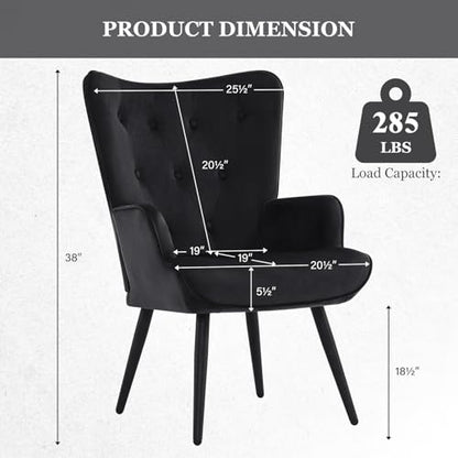 Accent Chairs Set of 2, Black Velvet Reading Armchairs with High Backrest, Wingback Corner Chairs - Mid Century Modern for Living Room, Bedroom, Waiting Room