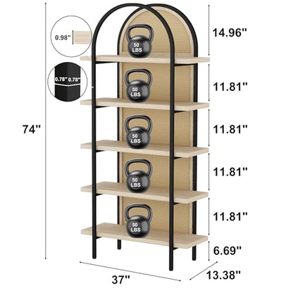 Bookshelf Rattan 5 Tier Arched Bookcase, 74" Tall Industrial Open Book Shelves for Living Room, Modern Freestanding Display Shelving Boho Storage Rack with Metal Frame for Office, Brown