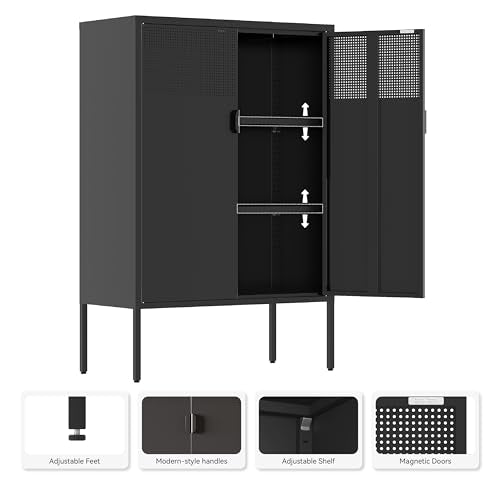 Black Metal Storage Cabinet,2 Door TV Stand, Metal Mesh Accent Cabinet,Magnetic Door Closure,Low Storage Cabinets with Doors and Shelf for Home,Office,Living Room