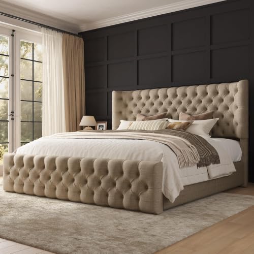 Upholstered Bed Frame Wingback Headboard, Queen Size, Khaki, view 4