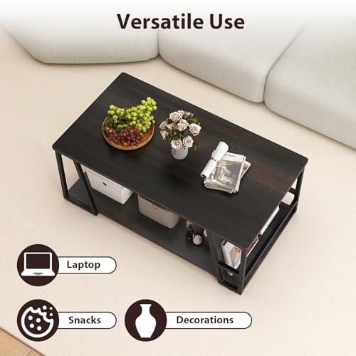 Modern Coffee Table with Storage, 2-Tier Rustic Wood Center Table with Shelf, Compartment, Metal Frame, Rectangular Geometric Living Room Table for Apartment (Espresso)