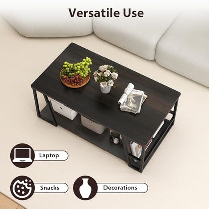 Modern Coffee Table with Storage, 2-Tier Rustic Wood Center Table with Shelf, Compartment, Metal Frame, Rectangular Geometric Living Room Table for Apartment (Espresso)