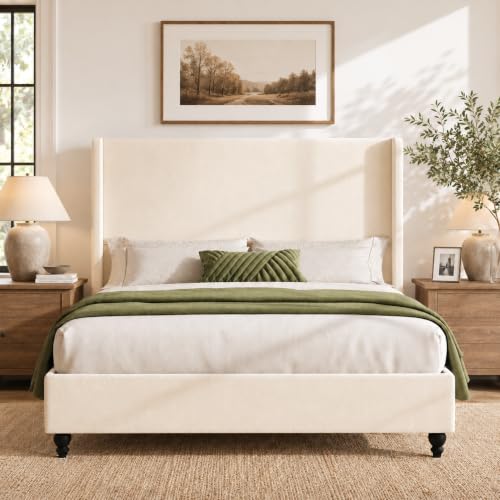 Queen Size Wingback Plush Upholstered Platform Bed Frame, White, view 4