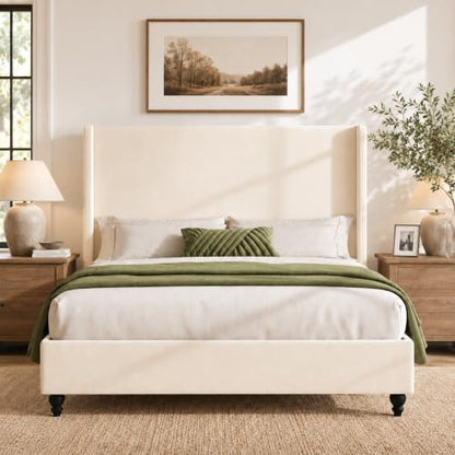 Queen Size Wingback Plush Upholstered Platform Bed Frame, White, view 4