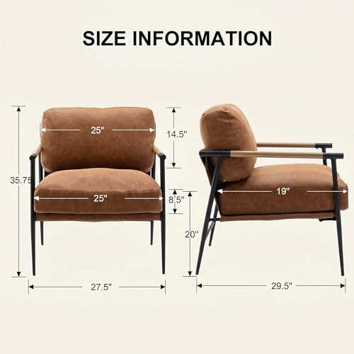 Mid-Century Modern Accent Chair Set of 2 Armchair Brown PU Leather Sofa Lounge Bedroom Chair with Metal Leg for Living Room Reading Office