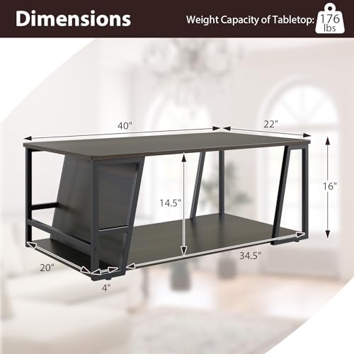 Modern Coffee Table with Storage, 2-Tier Rustic Wood Center Table with Shelf, Compartment, Metal Frame, Rectangular Geometric Living Room Table for Apartment (Espresso)