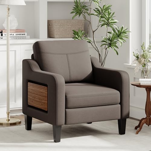 Upholstered Accent Chair with Foldable Side Table for Living Room | 2 Side Pockets, Modern Linen Armchair Wooden Fabric Chairs for Living Room, Comfy Reading for Bedroom/Office