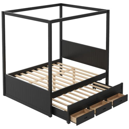 Queen Canopy Platform Bed with Twin Trundle & Storage Drawers, Black, view 7