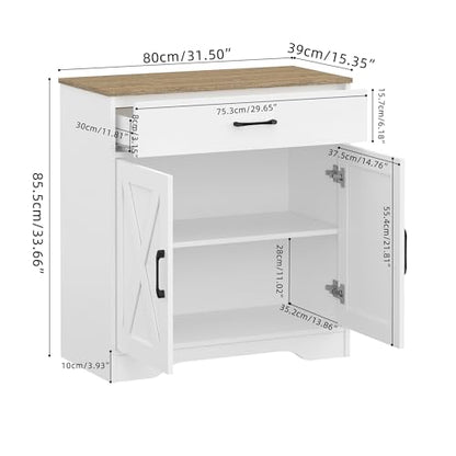 Wooden Cabinet 1 Drawer and 2 Doors Storage Cupboard Coffee Bar Sideboard Farmhouse Entryway Organizer Console (White)