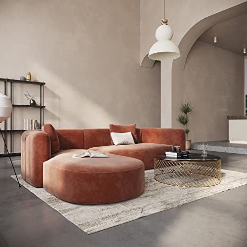 Mellow Modern Tight Curved Back Velvet Sofa, Left Chaise, Tangerine