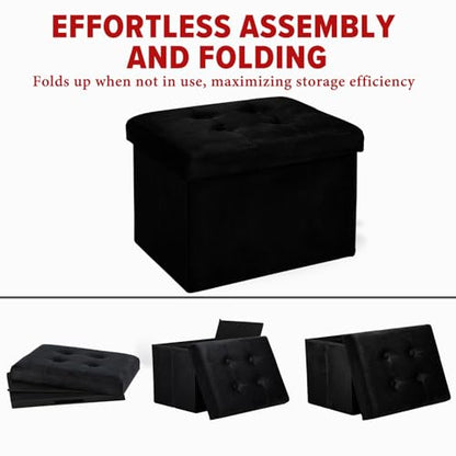 Storage Ottoman Folding Foot Stool Velvet Foot Rest with Padded Modern Ottoman with Storage for Living Room Puppy Step Stool 17x13x13in(Black)