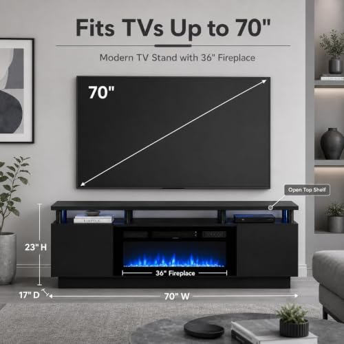 70'' Fireplace TV Stand, Entertainment Center with 36" Electric Fireplace, view 3