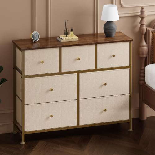 7 Drawer Dresser for Bedroom Storage with Fabric Bins, Khaki, view 3