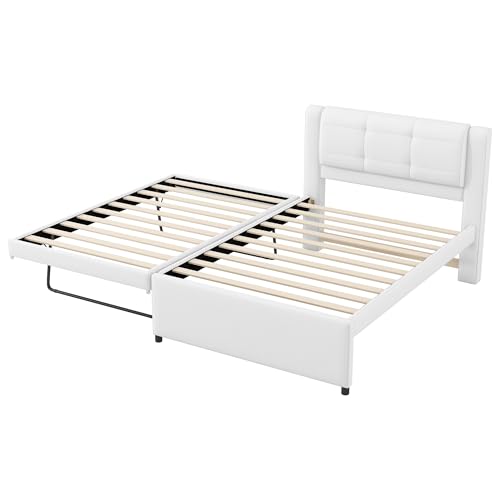 JIVOIT Twin Size Upholstery Platform Bed, Pull-Out Trundle, Upholstery Headboard (Beige-90-Twin)