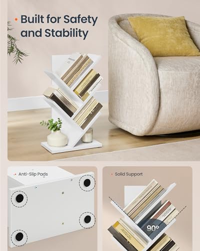 5 Tier Tree Bookshelf, Bookcase, Small Corner Shelf, Space Saving Book Tree for Home Office, Bedroom, Living Room, White