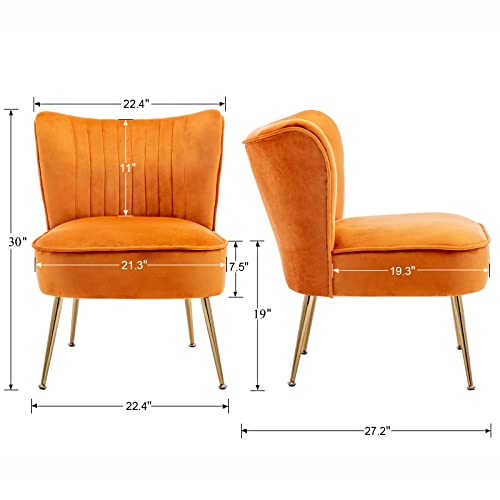 Modern Accent Chair Set of 2 Velvet Slipper Chair with Gold Legs Wingback Side Chair for Living Room Bedroom Entryway Small Corner Chair for Space Saving, Orange