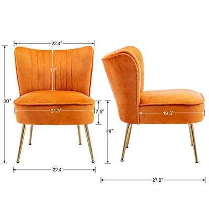 Modern Accent Chair Set of 2 Velvet Slipper Chair with Gold Legs Wingback Side Chair for Living Room Bedroom Entryway Small Corner Chair for Space Saving, Orange
