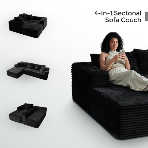 106" L Shaped Cloud Sectional Couch with Chaise, Corduroy Boneless Couch with Wide Armrests and Cup Holders for Living Room Bedroom, No Assembly Required (Black)
