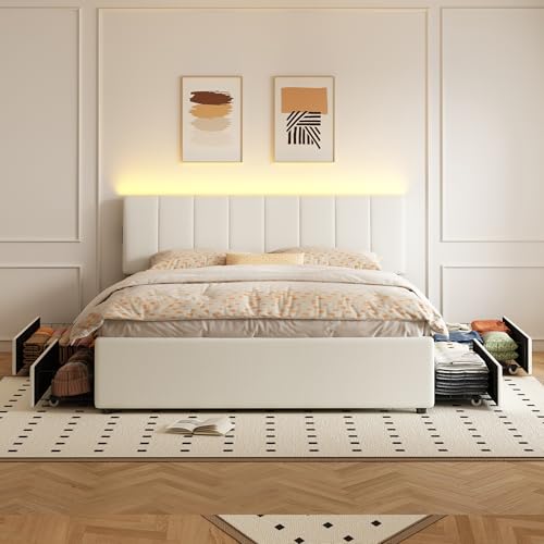 King Size Upholstered Platform Bed with 4 Storage Drawers, view 4