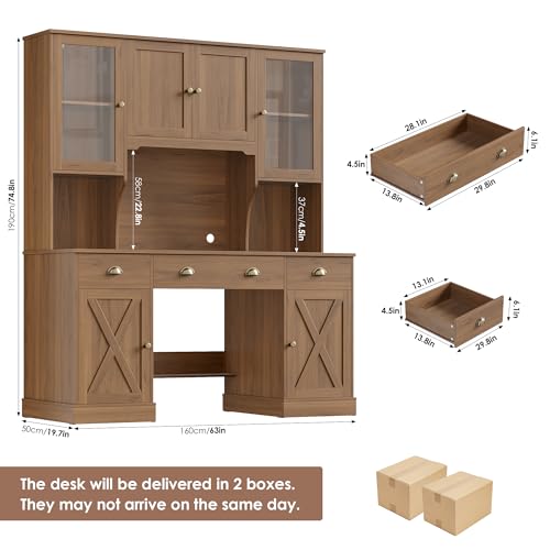 75" Executive Desk with Hutch and Drawers, Computer Desk with Glass Door and Storage Cabinet, 63" W Large Farmhouse Workstation for Home Office Study Writing Gaming Table, Brown