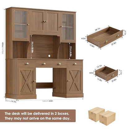 75" Executive Desk with Hutch and Drawers, Computer Desk with Glass Door and Storage Cabinet, 63" W Large Farmhouse Workstation for Home Office Study Writing Gaming Table, Brown