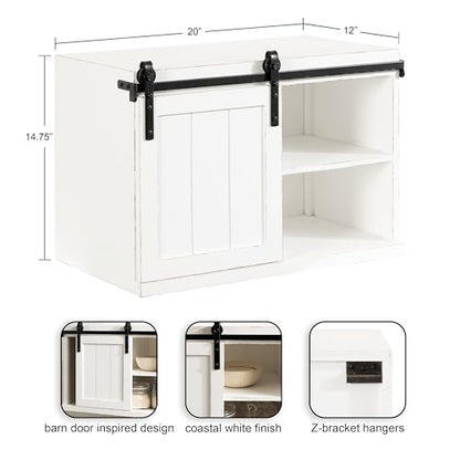 Cates Decorative Wood Floating Side Table with Sliding Barn Door; 20 x 12 x 15; Rustic White; Farmhouse Wooden Floating Wall Cabinet for Versatile Home Storage