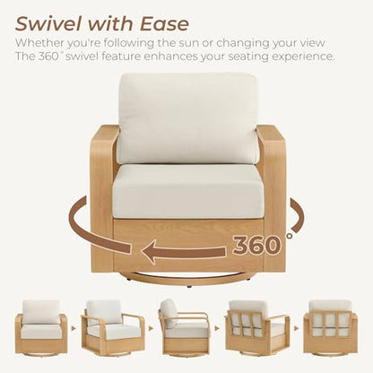 CHITA Patio Furniture Set, Outdoor Aluminum Bistro Set with Swivel Chair | 360° Swivel Chairs, Aluminum Frame, Wood-Like Finish Grain, 6.3in Thickened Cushion, Olefin Washable Covers, Anti-slip Straps
