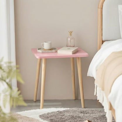 Small Accent Table, Modern Mini Coffee Table with Natural Wood Legs, Quick Assembly End Furniture for Bedroom Living Area Sofa, Minimalist Design for Nuresery and Compact Homes, Pink