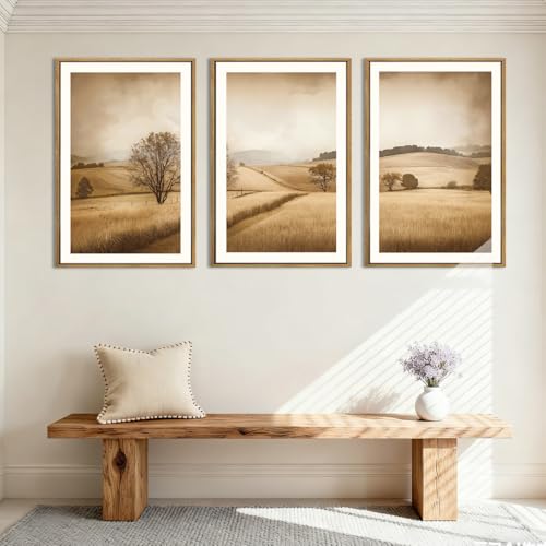 Framed Countryside Wall Art Rustic Village Wall Decor Farmhouse Landscape Art Print Nature Countryside Artwork Rustic Landscape Wall Pictures for Living Room Bedroom Office Farmhouse 16x24 Inches Set of 3 Gift