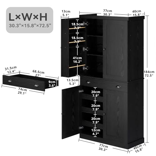 Kitchen Pantry Cabinet 72" Height, Freestanding Cupboard with Drawer, Sliding Storage Rack, and 6 Hanging Shelves for Dining Room, Laundry, Living Room, Black